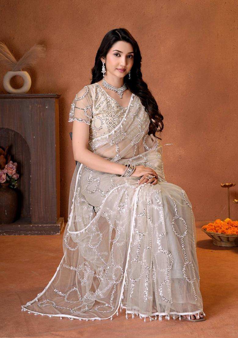 Cream Embroidered Net Saree Set - Indya