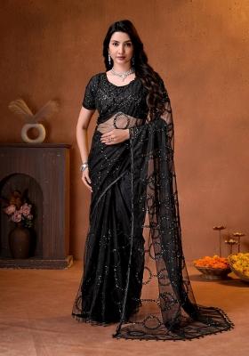 Black Embroidered Net Saree Set