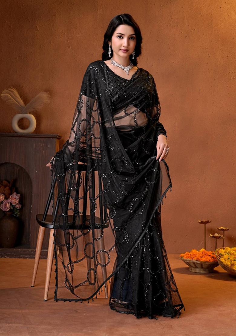 Black Embroidered Net Saree Set - Indya