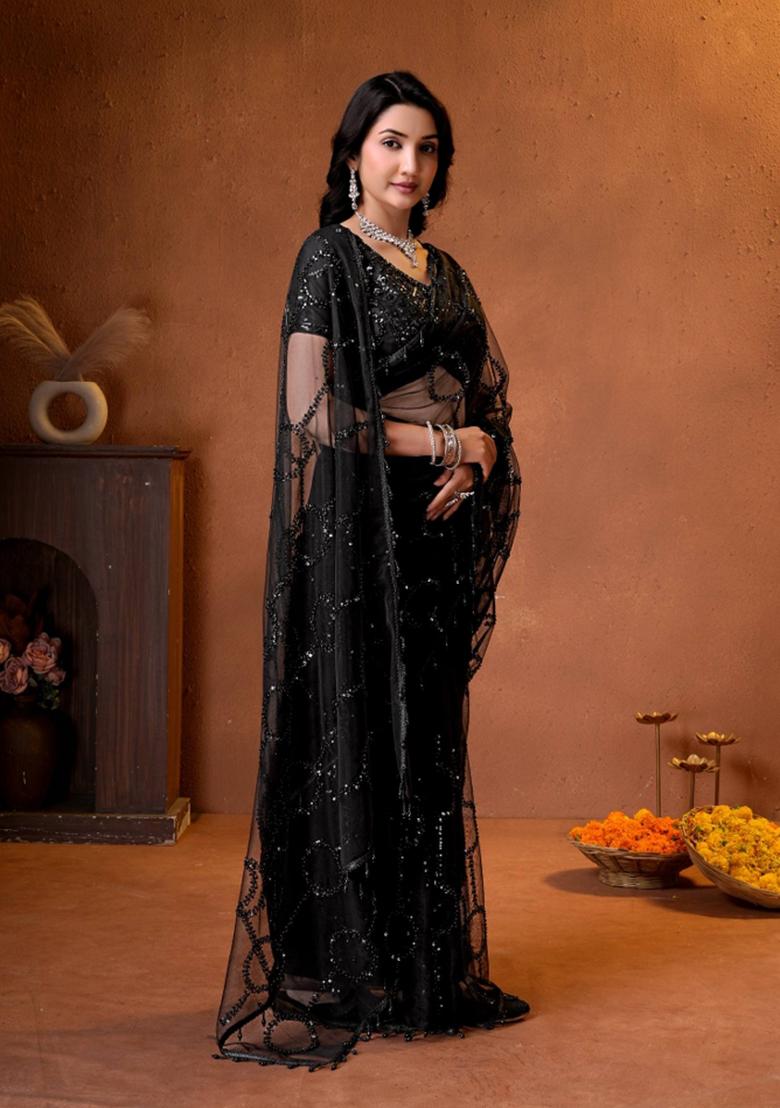 Black Embroidered Net Saree Set - Indya