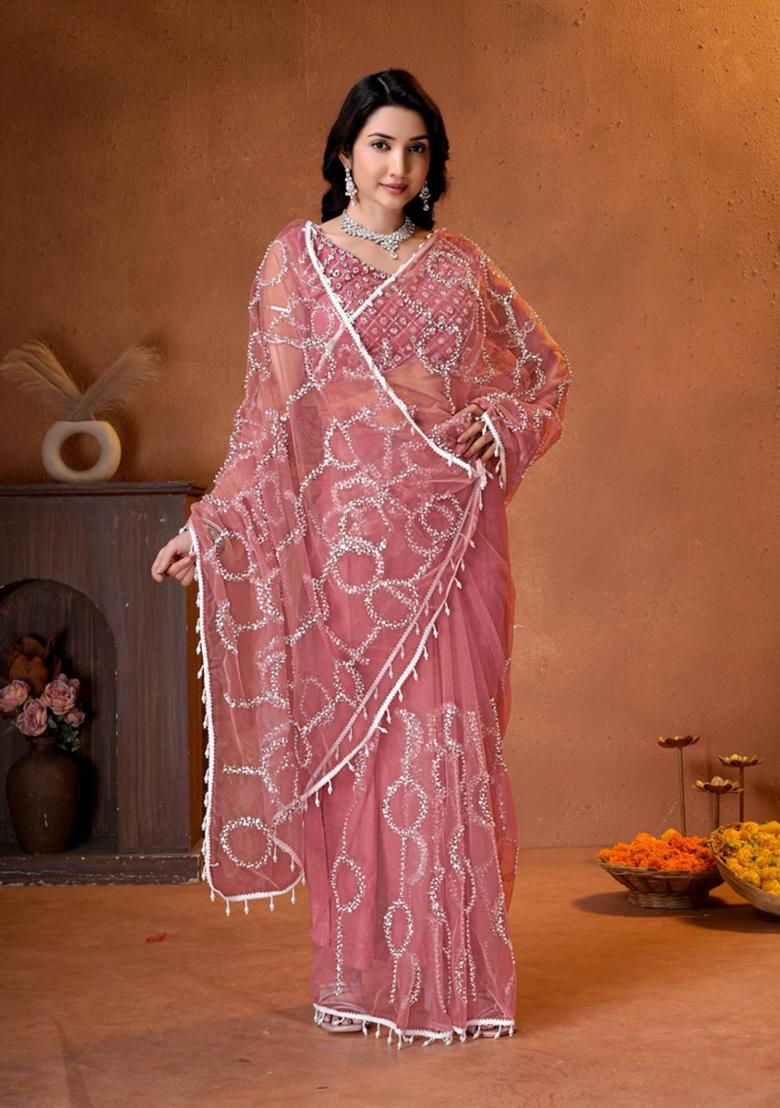 Pink Embroidered Net Saree Set - Indya
