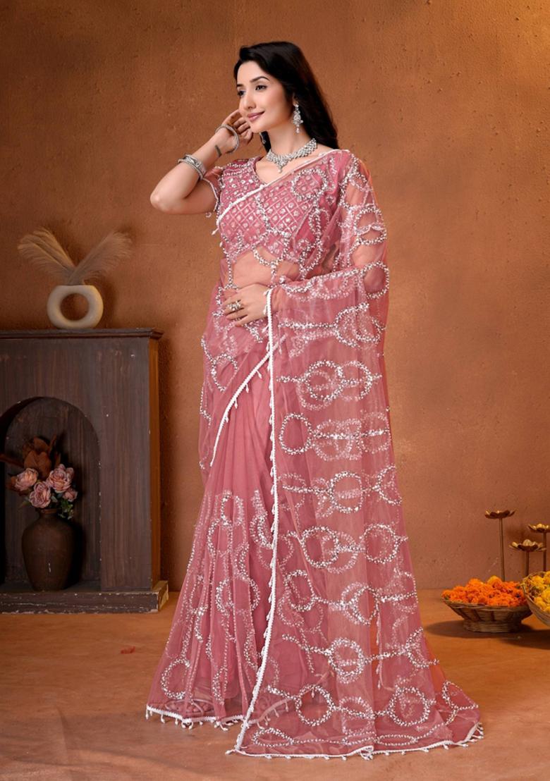 Pink Embroidered Net Saree Set - Indya