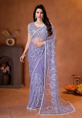 Lavender Embroidered Net Saree Set