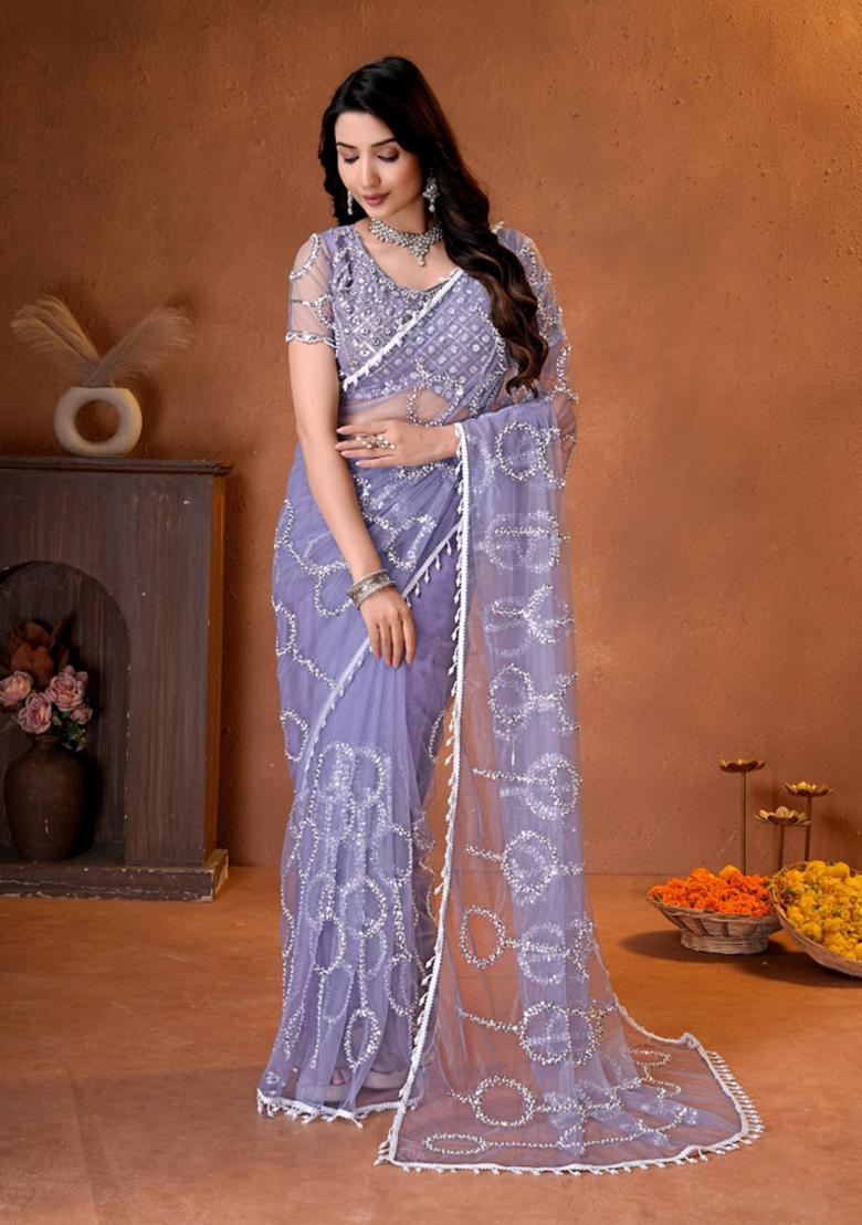 Lavender Embroidered Net Saree Set - Indya