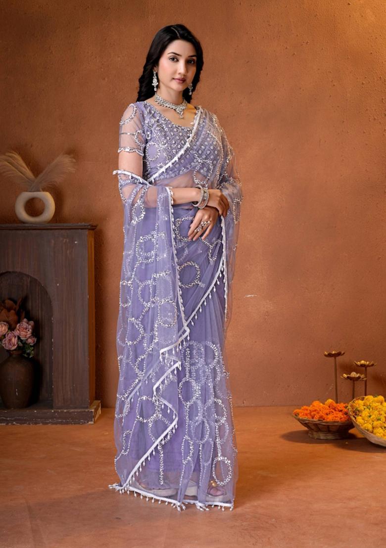 Lavender Embroidered Net Saree Set - Indya
