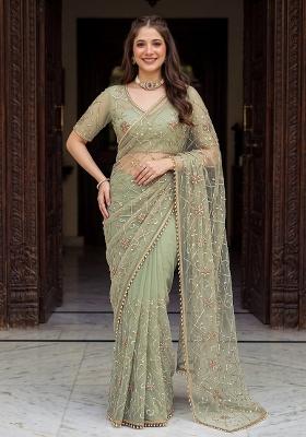 Green Embroidered Net Saree Set