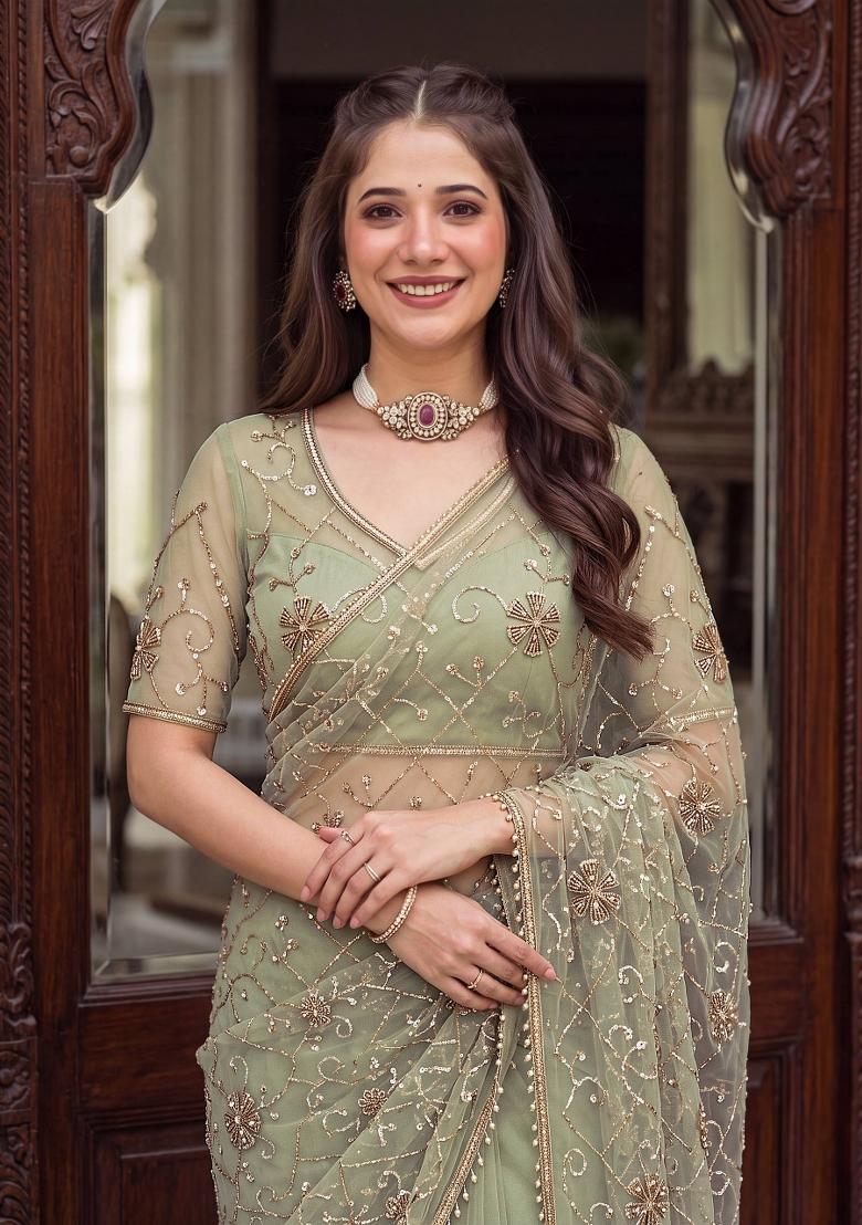Green Embroidered Net Saree Set - Indya