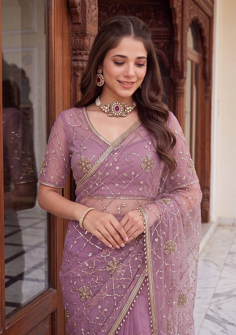 Mauve Embroidered Net Saree Set - Indya