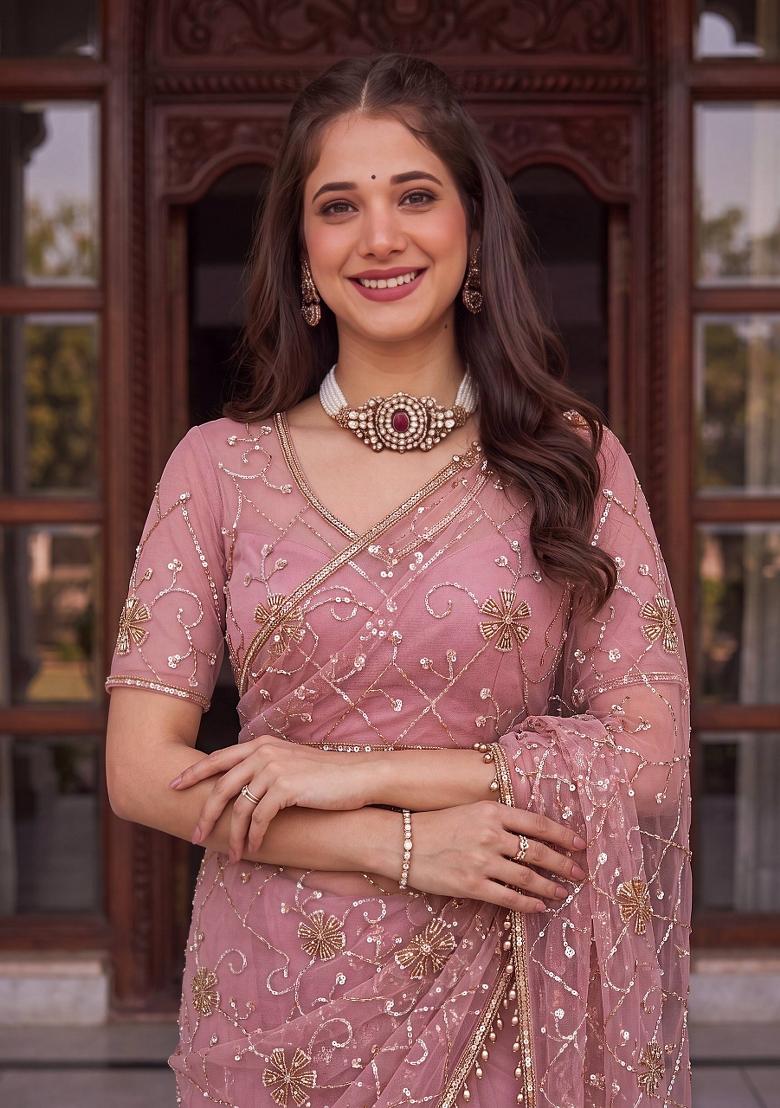 Pink Embroidered Net Saree Set - Indya
