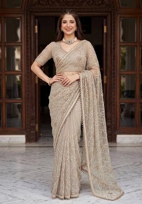 Beige Embroidered Net Saree Set