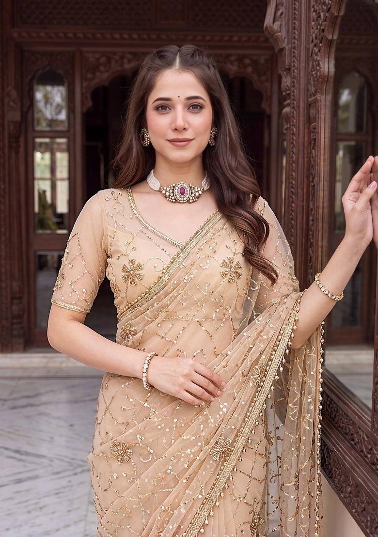 Champagne Embroidered Net Saree Set - Indya