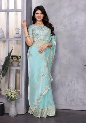 Sky Blue Embroidered Chiffon Saree Set