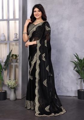 Black Embroidered Chiffon Saree Set