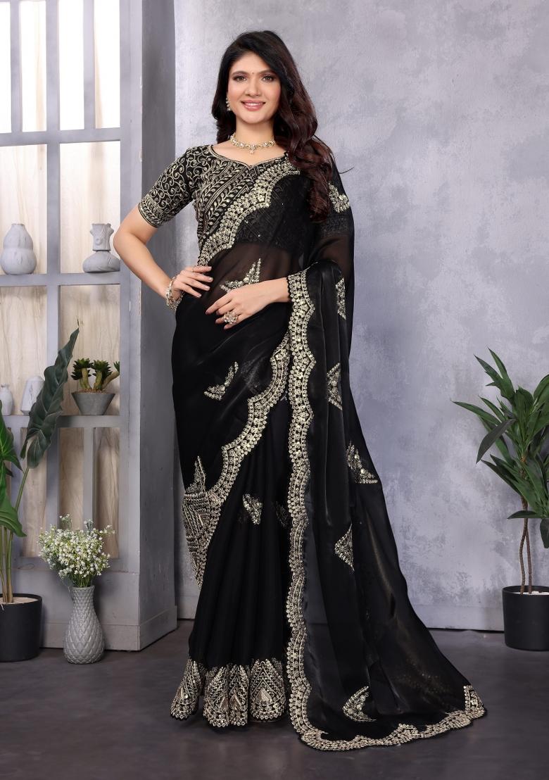 Black Embroidered Chiffon Saree Set - Indya