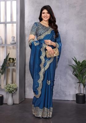 Royal Blue Embroidered Chiffon Saree Set