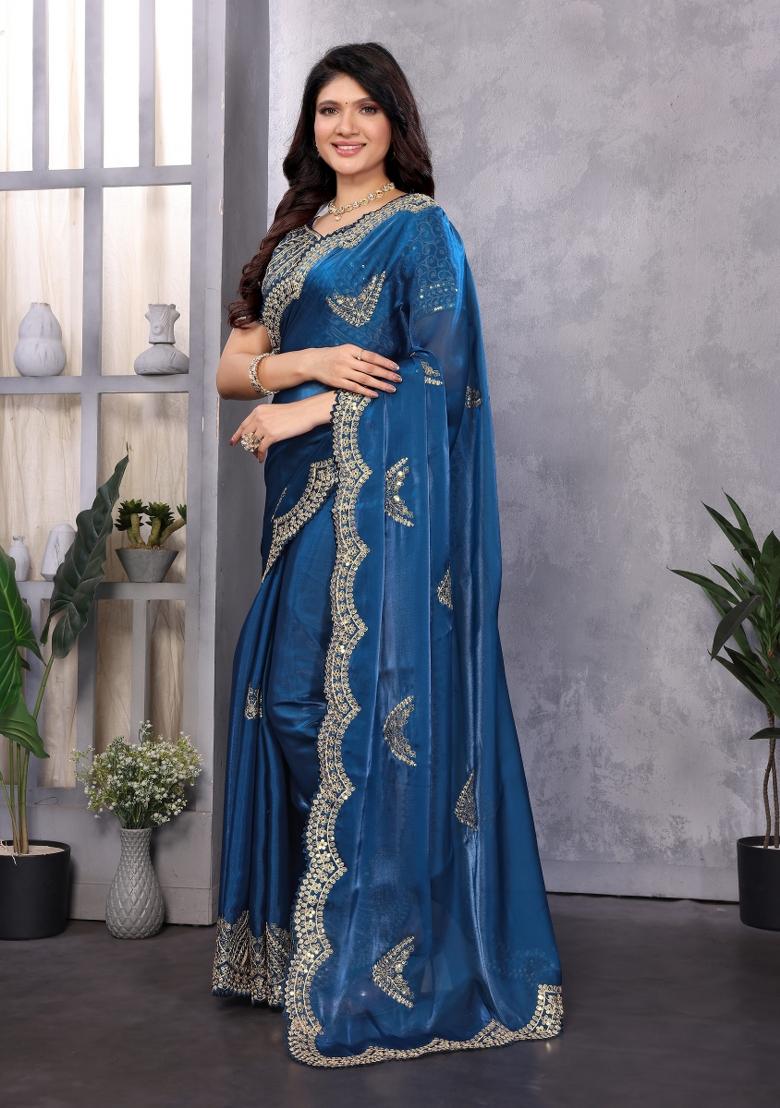 Royal Blue Embroidered Chiffon Saree Set - Indya