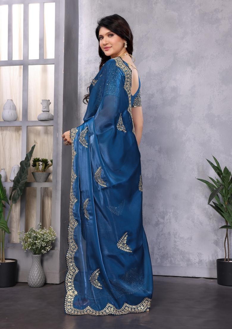 Royal Blue Embroidered Chiffon Saree Set - Indya
