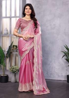 Baby Pink Chiffon Saree Set with Embroidered for Diwali | Wedding & Festive Wear