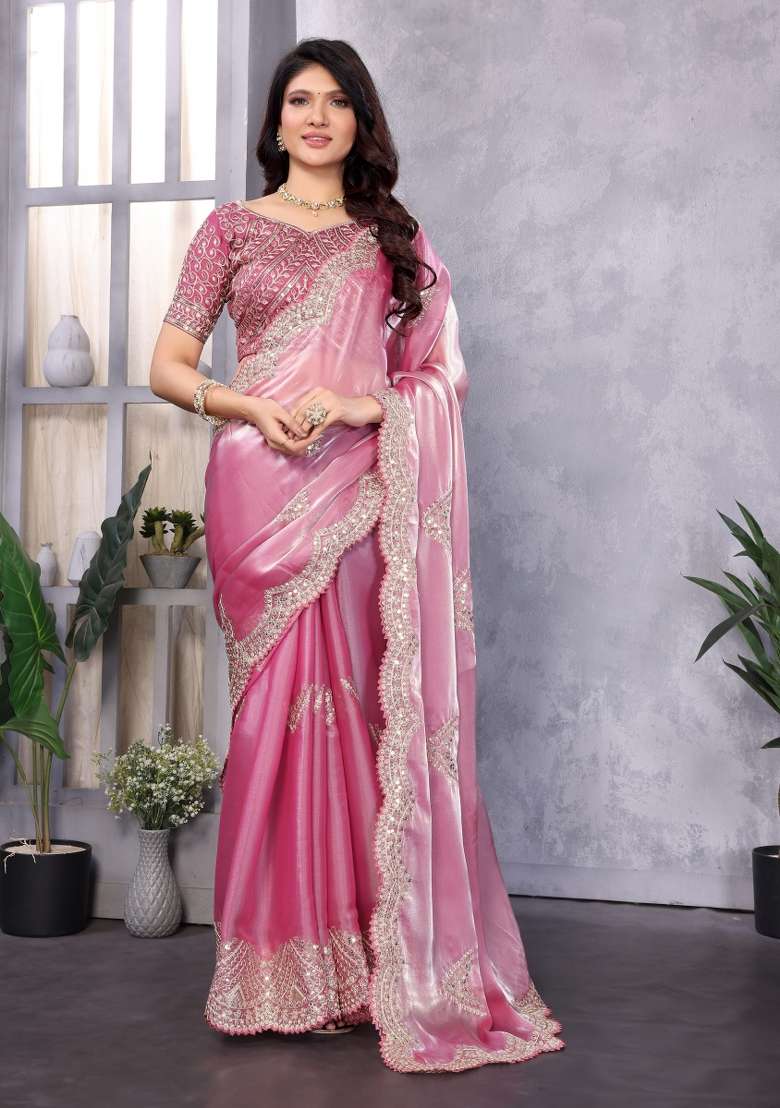 Baby Pink Chiffon Saree Set with Embroidered for Diwali | Wedding & Festive Wear - Indya