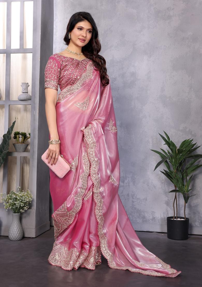 Baby Pink Embroidered Chiffon Saree Set - Indya