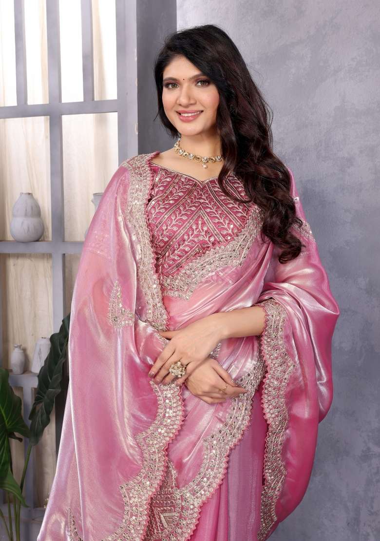 Baby Pink Chiffon Saree Set with Embroidered for Diwali | Wedding & Festive Wear - Indya