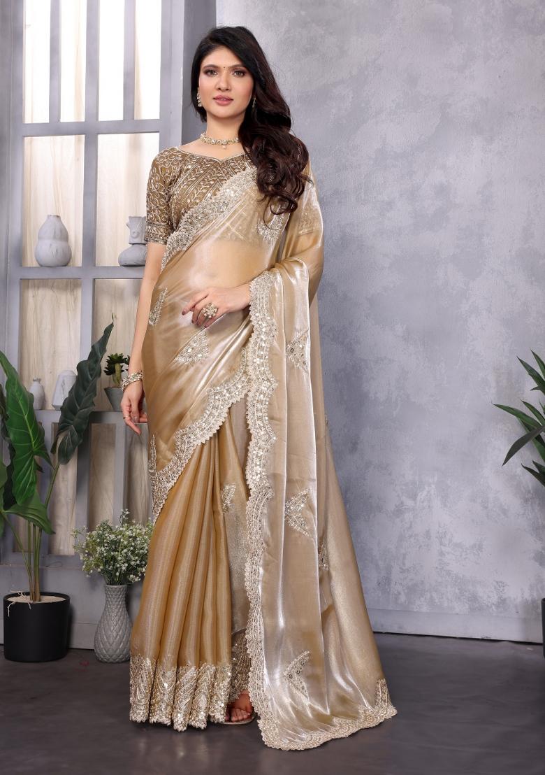 Beige Embroidered Chiffon Saree Set - Indya
