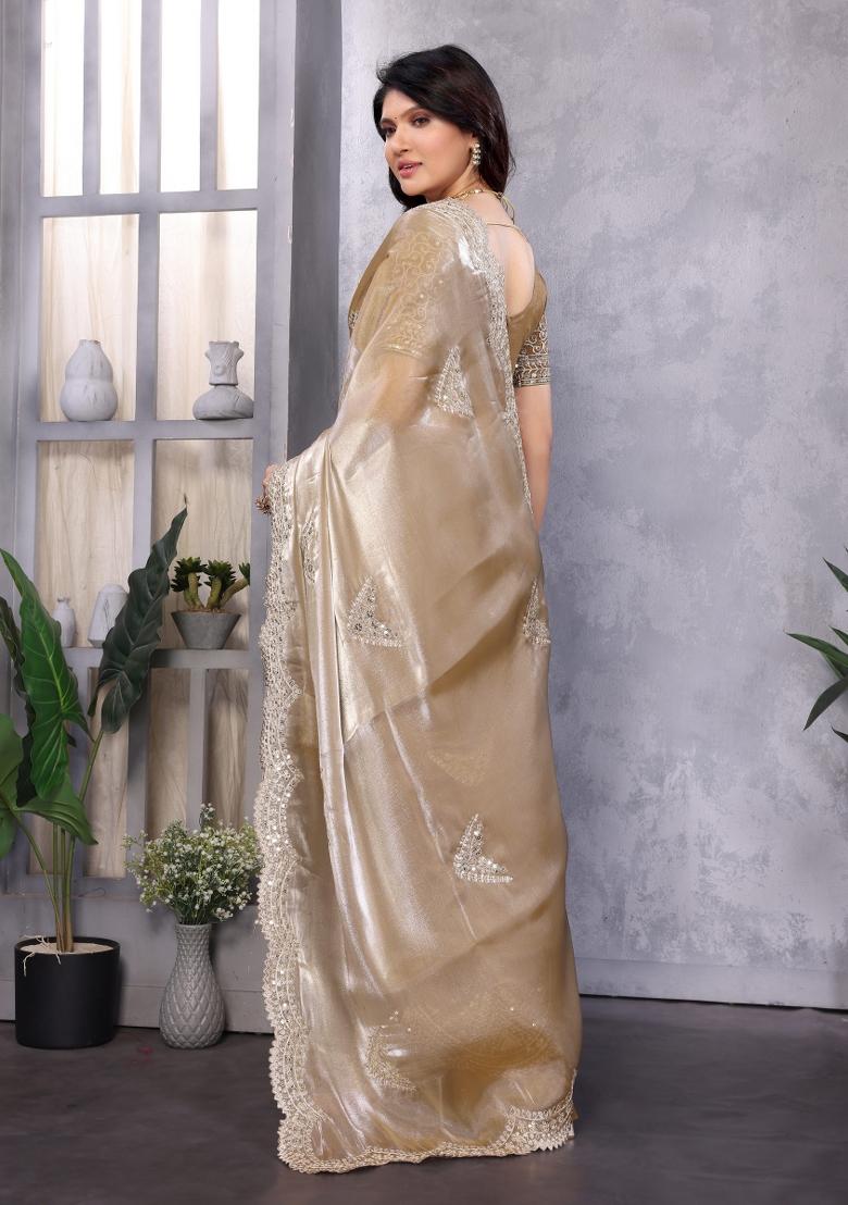 Beige Embroidered Chiffon Saree Set - Indya