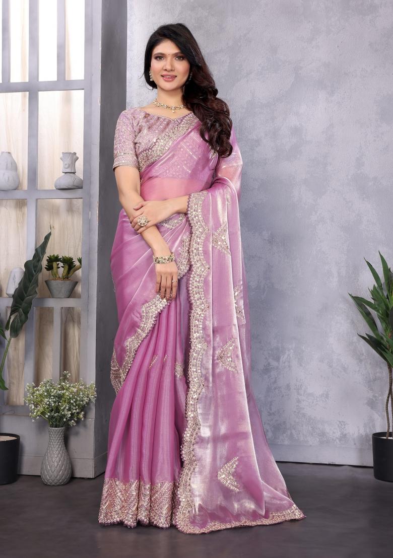 Lavender Embroidered Chiffon Saree Set - Indya