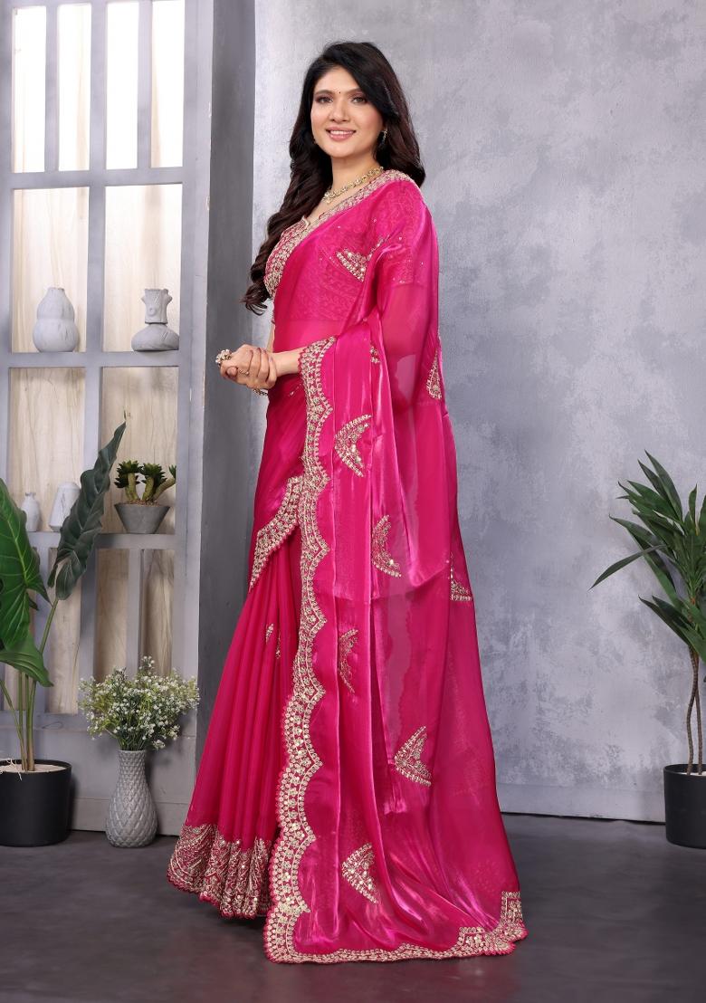 Rani Pink Embroidered Chiffon Saree Set - Indya