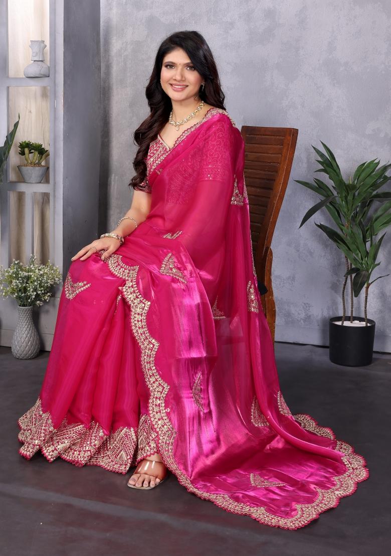 Rani Pink Embroidered Chiffon Saree Set - Indya