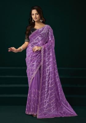Lavender Embroidered Net Saree Set