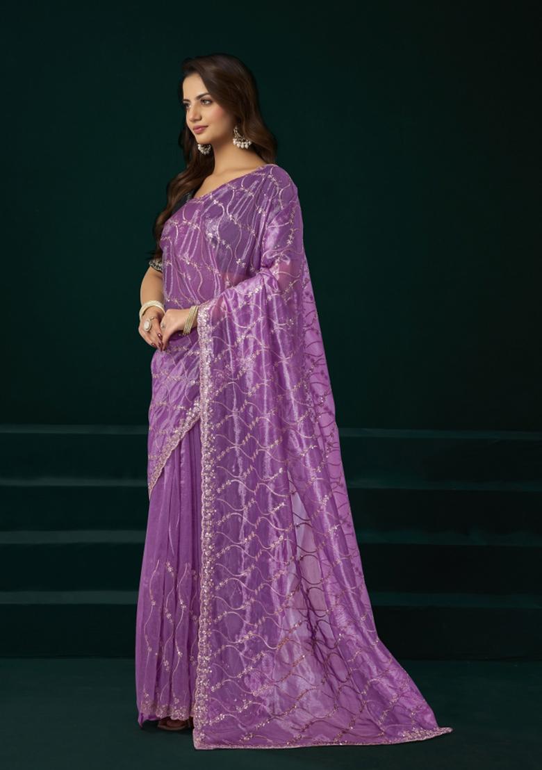 Lavender Embroidered Net Saree Set - Indya