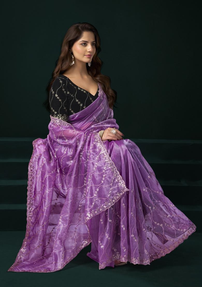 Lavender Embroidered Net Saree Set - Indya