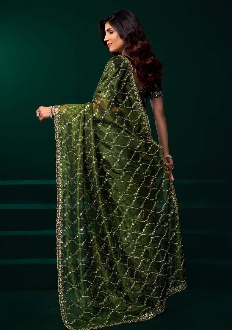 Green Embroidered Net Saree Set - Indya