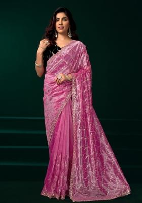 Baby Pink Embroidered Net Saree Set