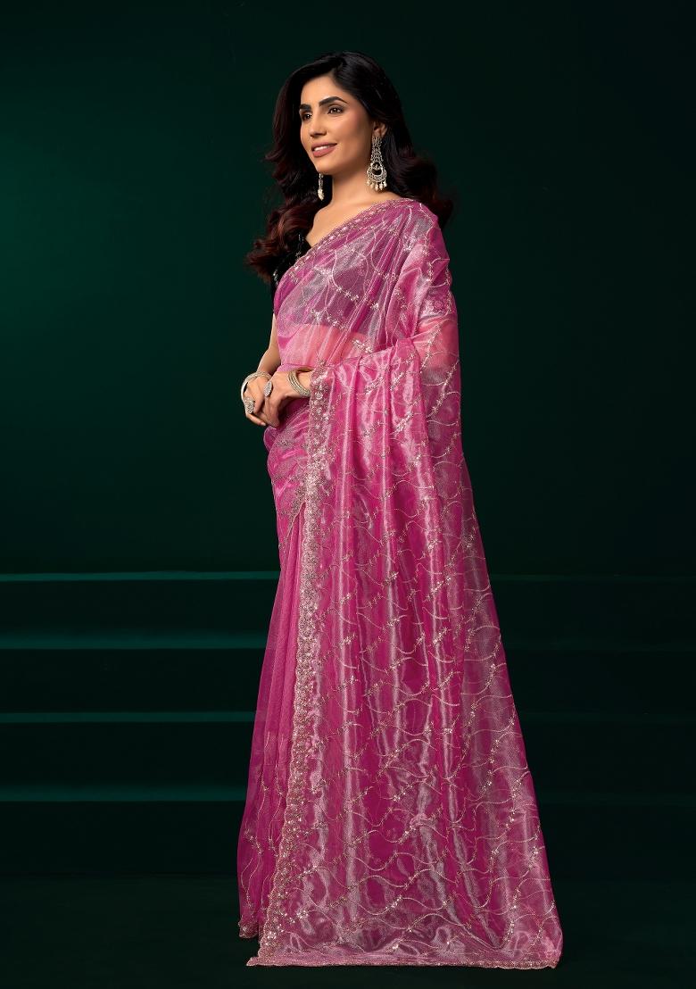 Baby Pink Embroidered Net Saree Set - Indya
