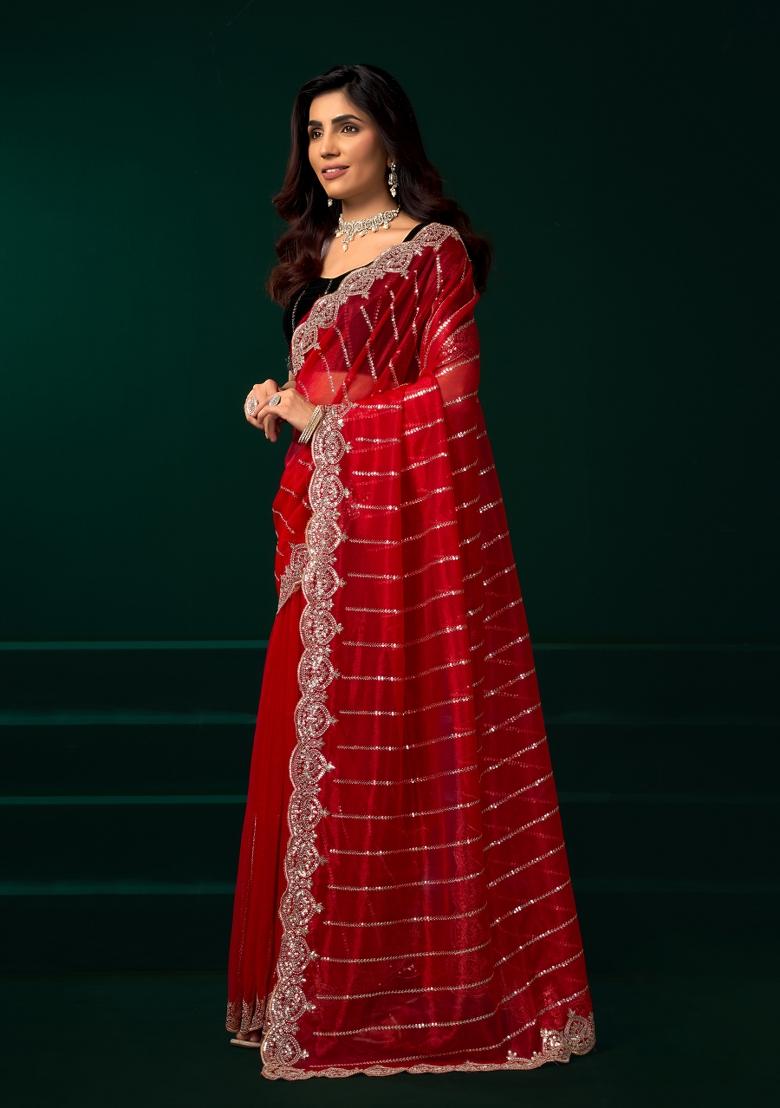 Red Embroidered Net Saree Set - Indya