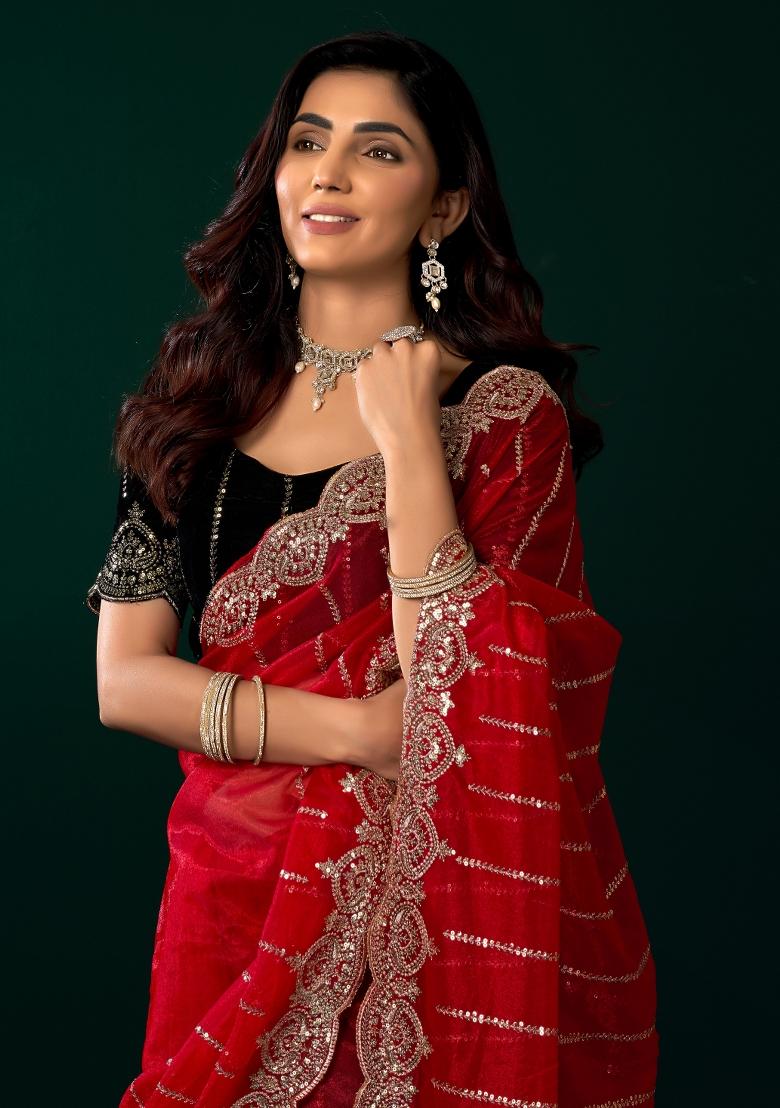 Red Embroidered Net Saree Set - Indya