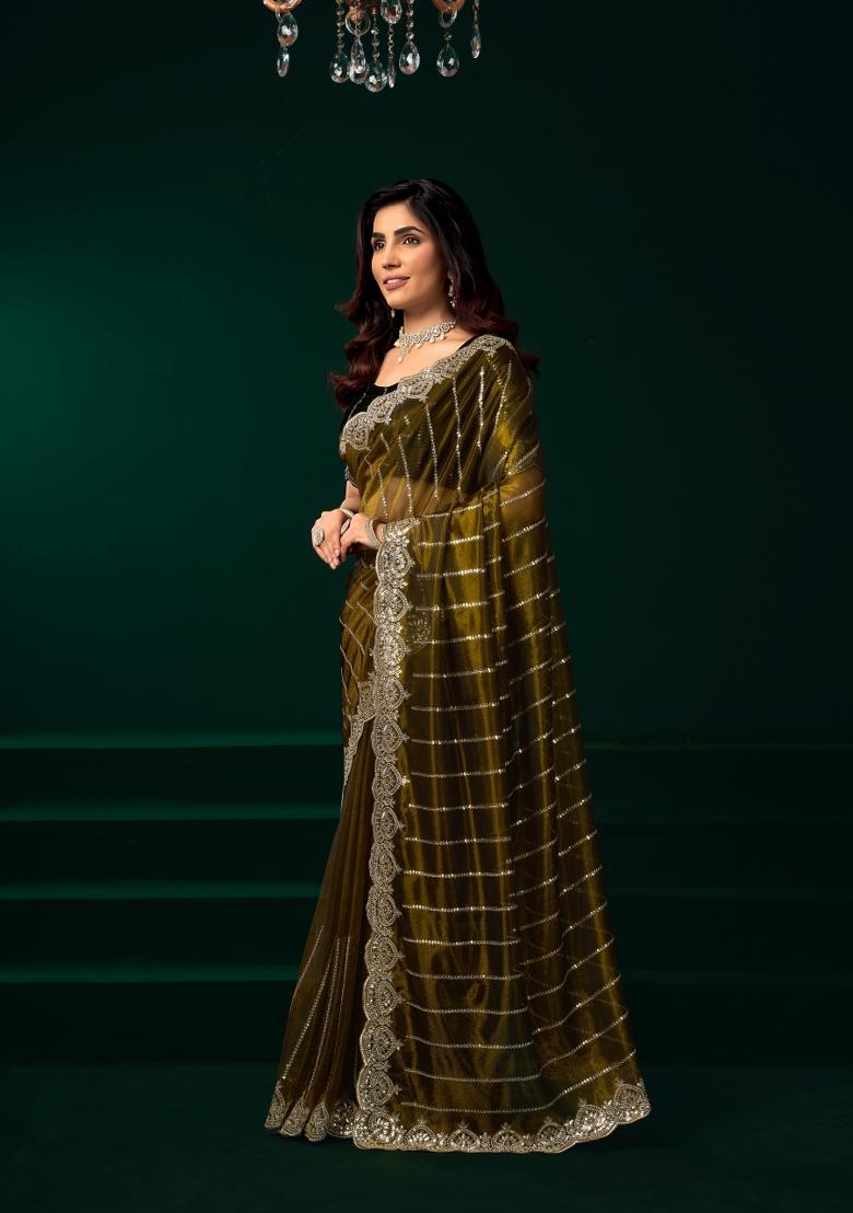Olive Embroidered Net Saree Set - Indya