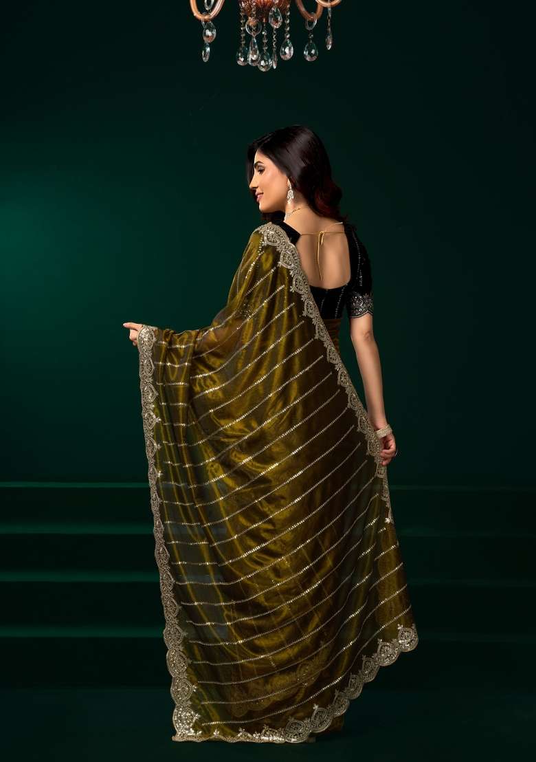 Olive Embroidered Net Saree Set for Diwali and Festive Wear - Indya
