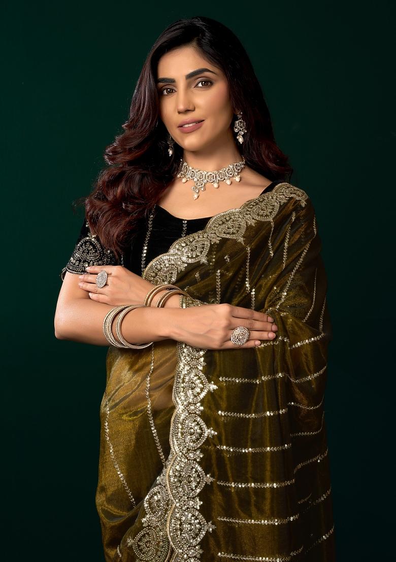 Olive Embroidered Net Saree Set - Indya