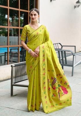 Parrot Green Woven Design Silk Saree Set