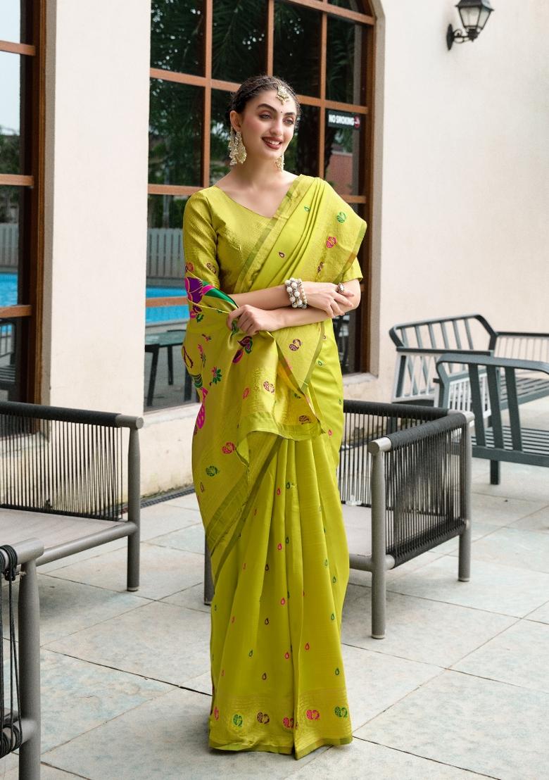 Parrot Green Woven Design Silk Saree Set - Indya