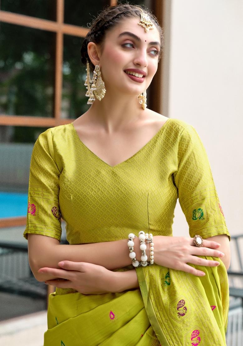 Parrot Green Woven Design Silk Saree Set - Indya