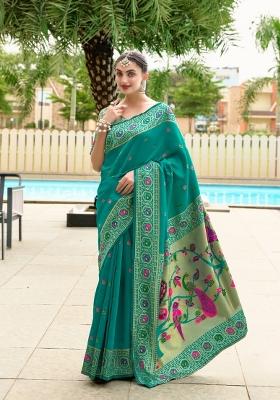 Teal Woven Design Silk Saree Set