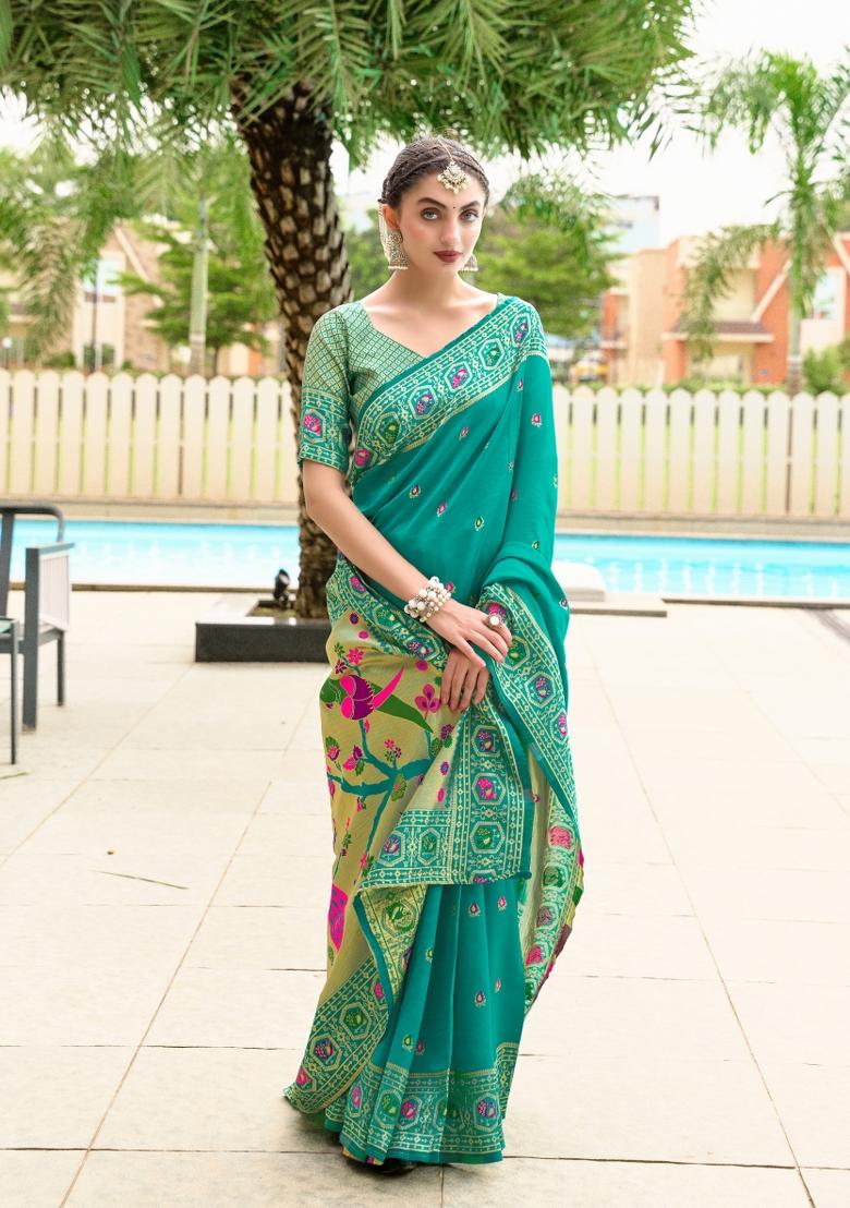 Teal Woven Design Silk Saree Set - Indya
