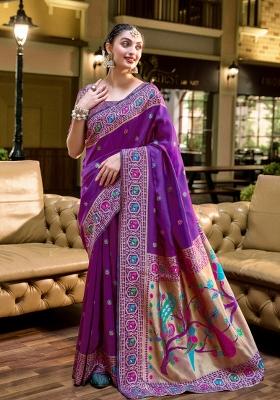 Purple Woven Design Silk Saree Set