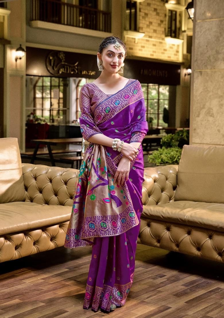 Purple Woven Design Silk Saree Set - Indya