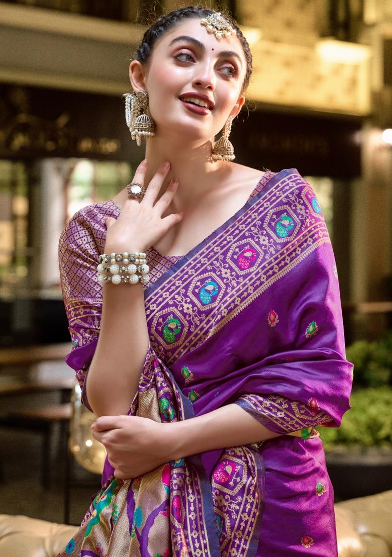 Purple Woven Design Silk Saree Set - Indya