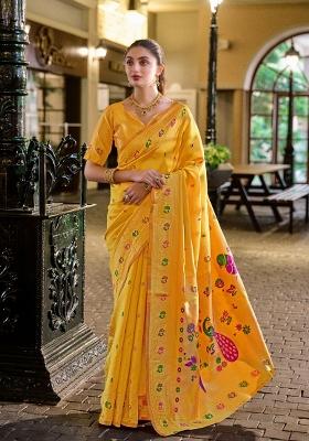 Yellow Woven Design Silk Saree Set